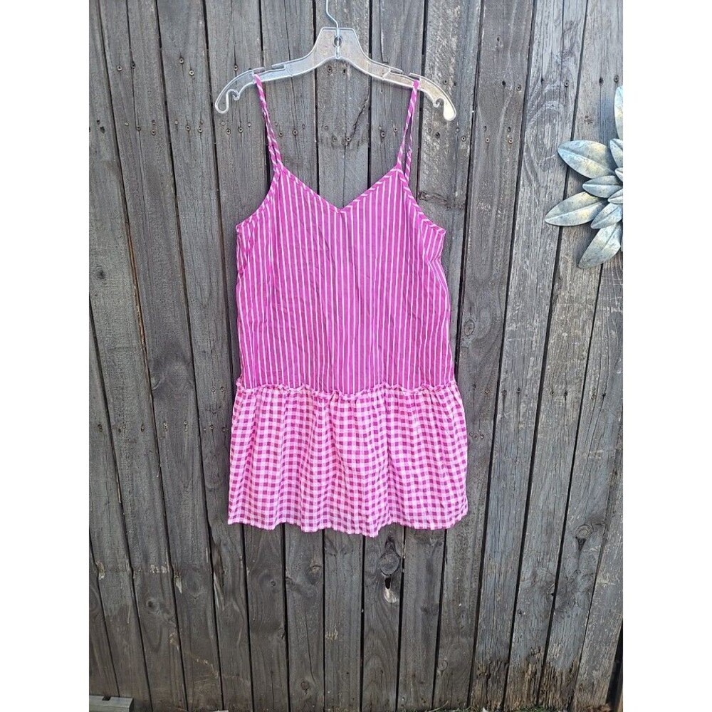J CREW Dress  Cover Up Beach Pink Cotton Gingham Stripe Tiered Ruffle Size S